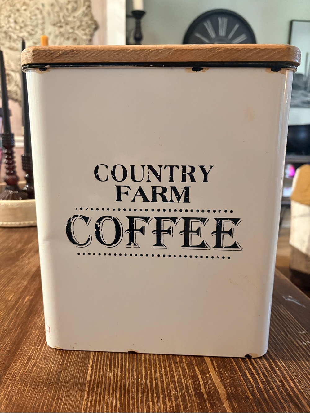 Country Farm Coffee Tin with Wood Lid - White